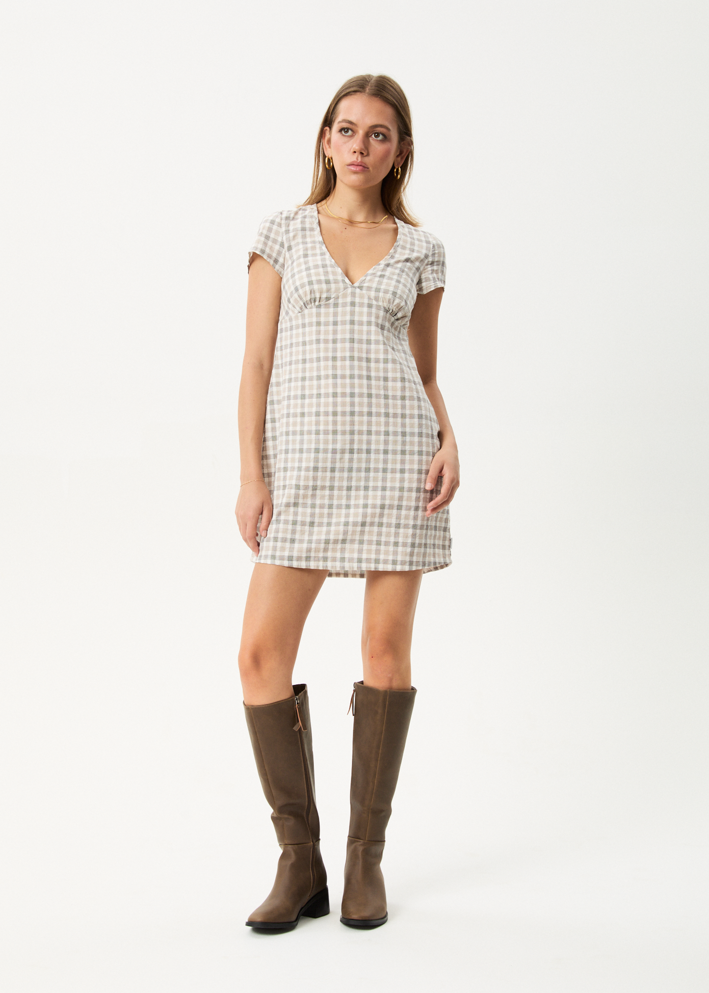 AFENDS Womens Leo - Seersucker Mini Dress - Coffee / White