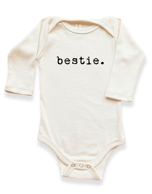 organic cotton baby onesie with 'bestie.' text long sleeve made in usa tenth and pine