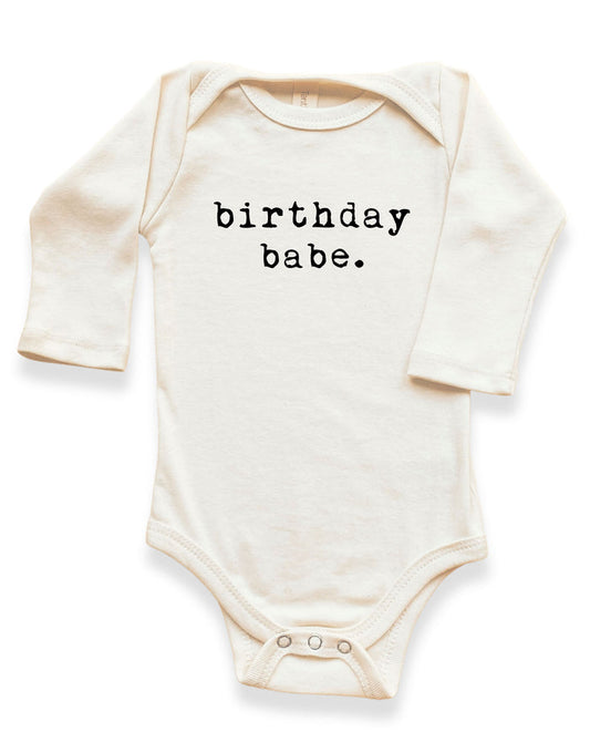 organic cotton baby onesie with 'birthday babe' text infant newborn made in usa tenth and pine