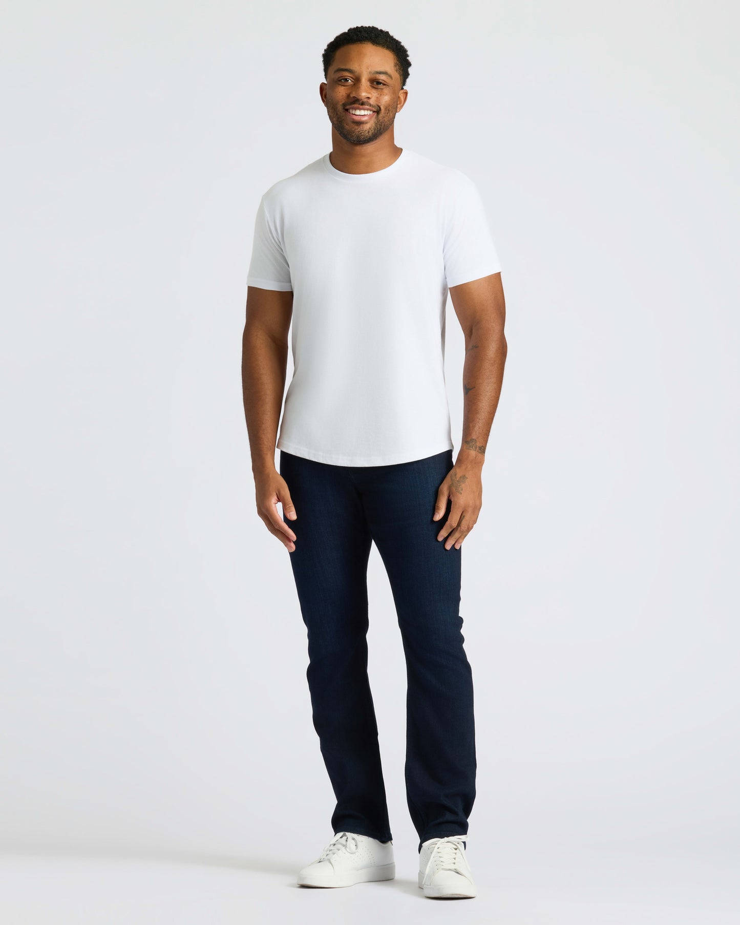 White Curved Hem Classic Crew Neck