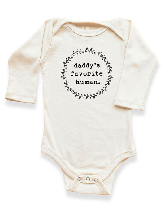organic cotton baby onesie with 'daddy's favorite human' text for infant newborn father's day made in usa