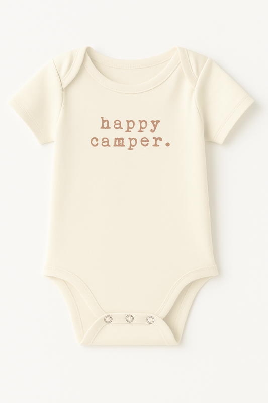 baby boy girl clothes, onesie, onsie, organic cotton, made in usa, bodysuit, cream, minimalist, natural, clean, cute, happy camper camping onsie