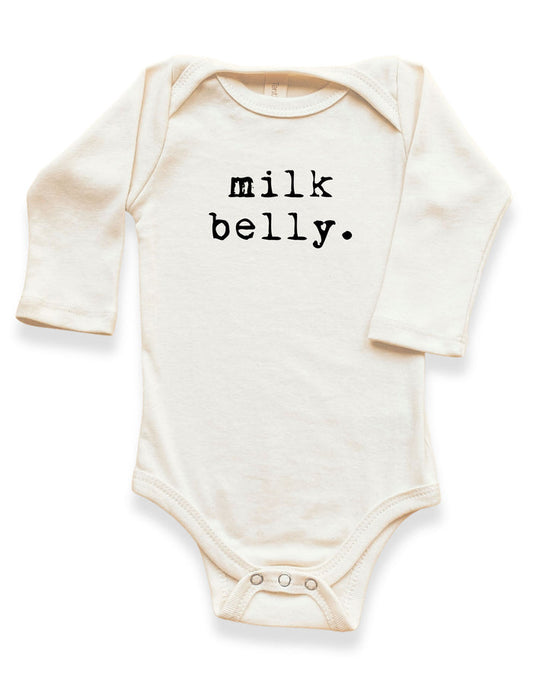 organic cotton Baby onesie with 'milk belly.' text long sleeve made in usa