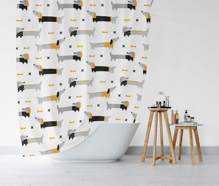 Modern Shower Curtain Cute Dog, Contemporary Bathroom Decor, Bathroom Accessories, Made in the USA | Pippa + June