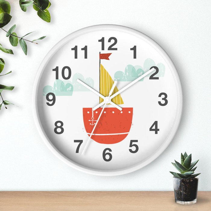 Kids Wall Clock Nautical Red Sailboat, Large Clock Silent No Ticking, Nursery Wall Clock, Childrens Wall Clock, Kids Bedroom Wall Decor, Nursery Wall Decor, Made in the USA | Pippa + June