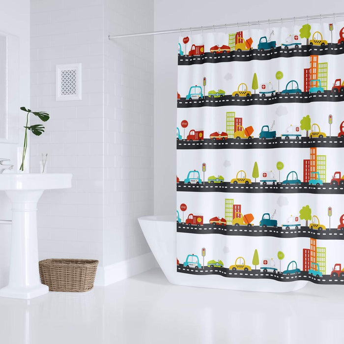 Kids Shower Curtain Transport Cars Roadway, Kids Bathroom Decor, Kids Bathroom Accessories, Kids Modern Decor, Made in the USA | Pippa + June